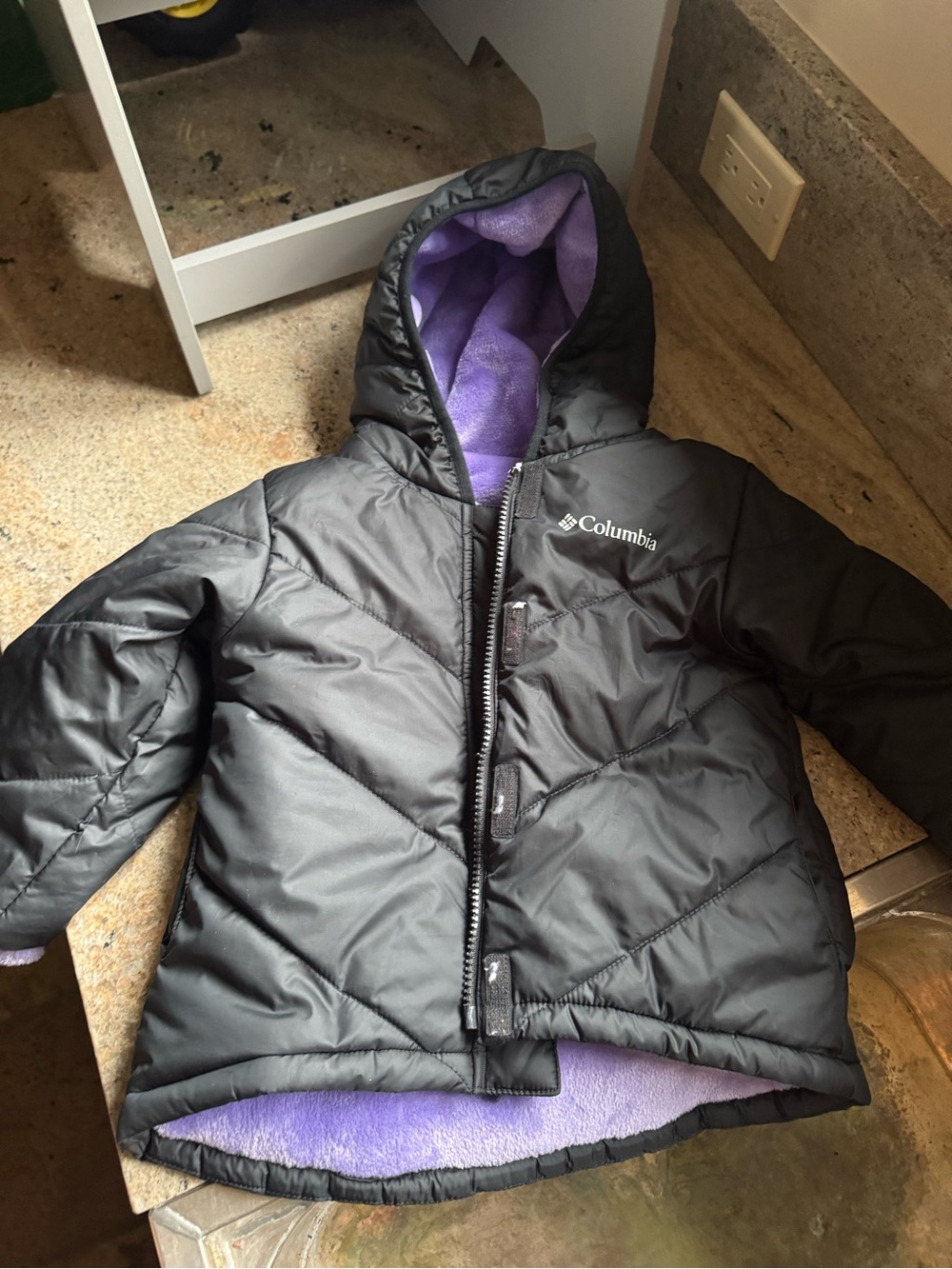 Columbia Kids Black Puffer Jacket with Purple Fleece Hood